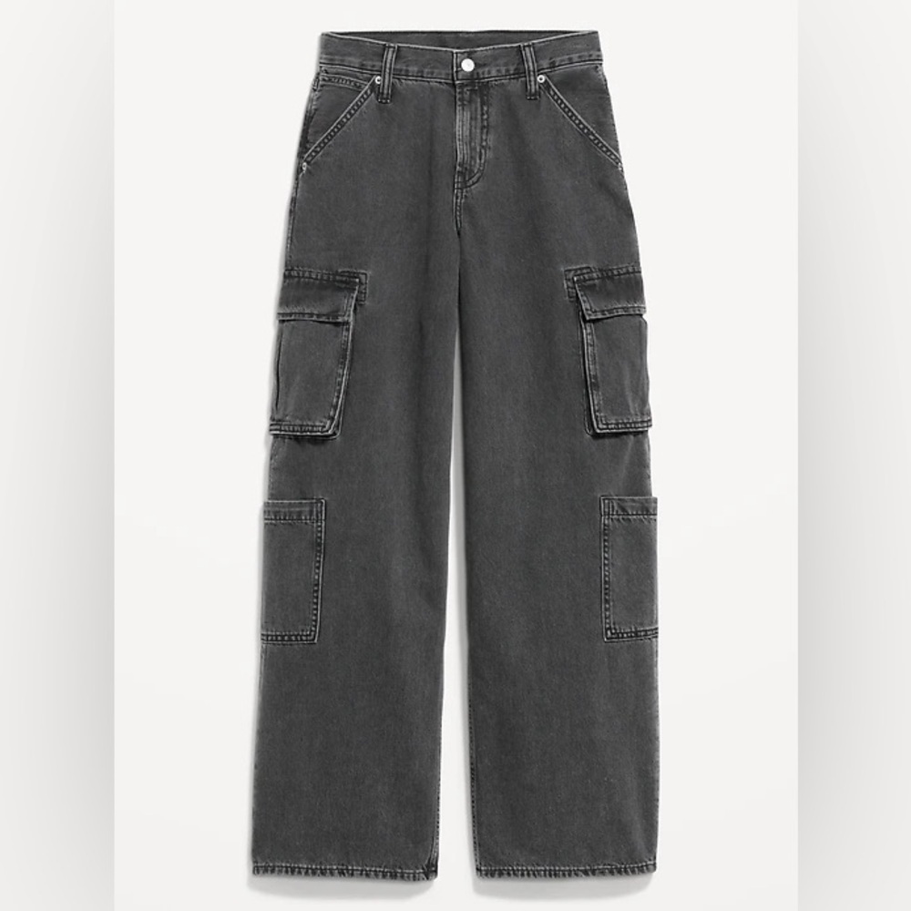 Old Navy 100% Cotton Mid-Rise Baggy Wide-Leg Cargo Jeans in Faded Black Wash
